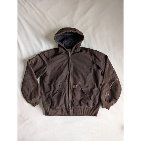 VTG Carhartt Hooded Duck Canvas Jacket Mens Medium J130 DKB Brown Distressed Y2K - Picture 1 of 12